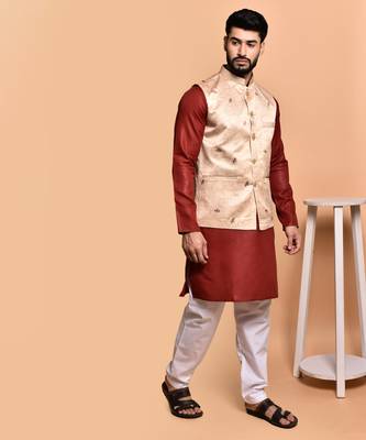 Solid cotton kurta pyjama set with nehru jacket 2