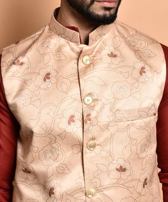 Solid cotton kurta pyjama set with nehru jacket 3