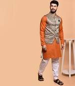 Solid cotton kurta pyjama set with nehru jacket