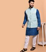 Solid cotton kurta pyjama set with nehru jacket