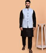 Solid cotton kurta pyjama set with nehru jacket