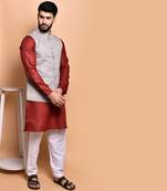 Solid cotton kurta pyjama set with nehru jacket