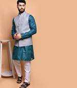 Solid cotton kurta pyjama set with nehru jacket