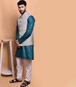 Solid cotton kurta pyjama set with nehru jacket
