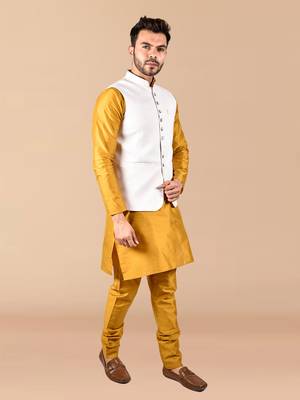 Solid silk kurta pyjama set with nehru jacket 1