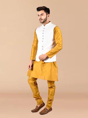 Solid silk kurta pyjama set with nehru jacket 3