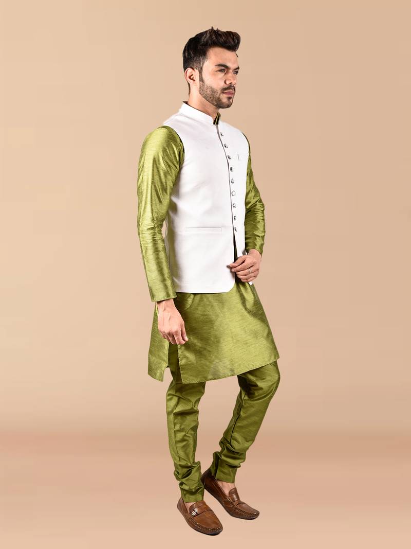 Solid silk kurta pyjama set with nehru jacket