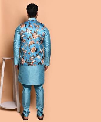 Solid silk kurta pyjama set with nehru jacket 2