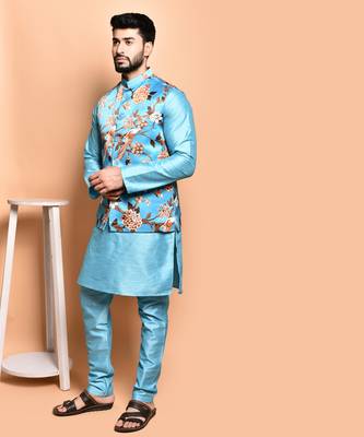 Solid silk kurta pyjama set with nehru jacket 1