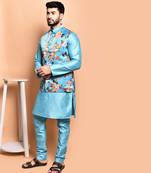 Solid silk kurta pyjama set with nehru jacket