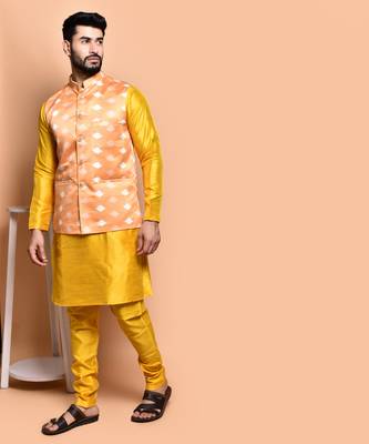 Solid silk kurta pyjama set with nehru jacket 1