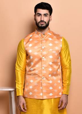 Solid silk kurta pyjama set with nehru jacket 4