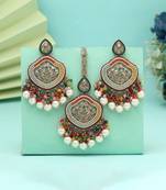 Multi color pakistani kundan earrings with maang tikka