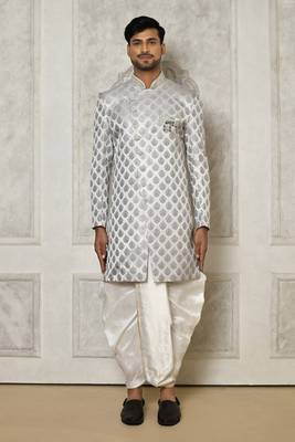 Grey Tuxedo Satin Woven Swirl Pattern Asymmetric Sherwani With PATIYALA & Dhoti Pant 1