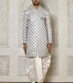 Grey Tuxedo Satin Woven Swirl Pattern Asymmetric Sherwani With PATIYALA & Dhoti Pant