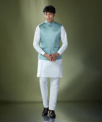 Teal blue quilted kurta-jacket set 1