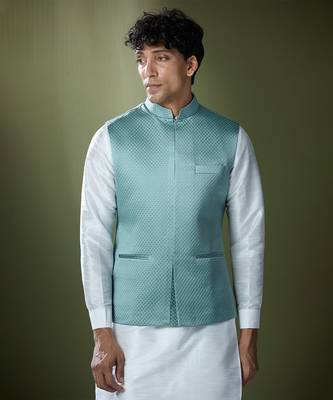 Teal blue quilted kurta-jacket set 2