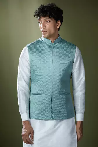 Teal blue quilted kurta-jacket set