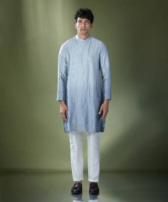 Powder blue ombre high-neck embroidered kurta set 1