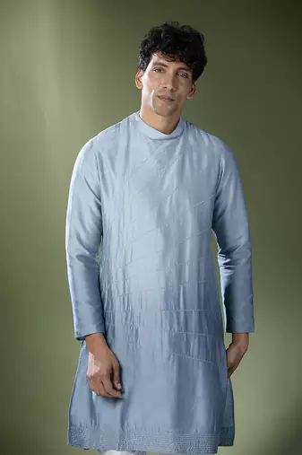 Powder blue ombre high-neck embroidered kurta set