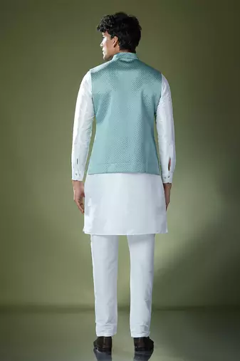 Teal blue quilted kurta-jacket set