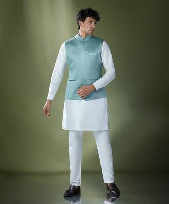 Teal blue quilted kurta-jacket set 4