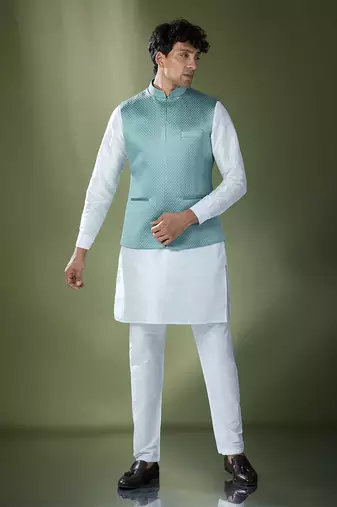 Teal blue quilted kurta-jacket set