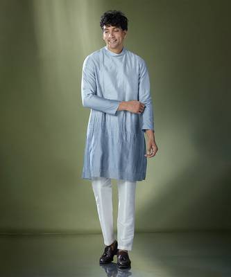 Powder blue ombre high-neck embroidered kurta set 5
