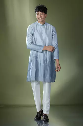 Powder blue ombre high-neck embroidered kurta set