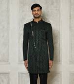 Bottle green indo western Sherwani Jaquard Woven Floral Mandala Flower Pattern