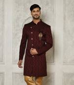 Maroon indo western Sherwani Jaquard Woven Floral Mandala Pattern