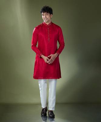Cherry red mirror embroidered kurta set 1