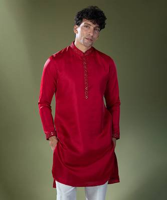 Cherry red mirror embroidered kurta set 2