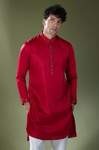 Cherry red mirror embroidered kurta set