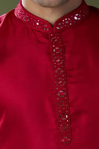 Cherry red mirror embroidered kurta set