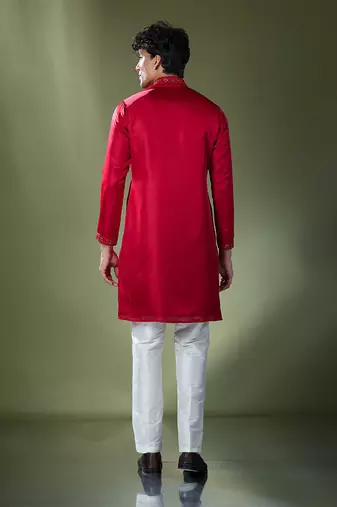 Cherry red mirror embroidered kurta set