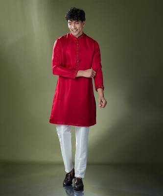 Cherry red mirror embroidered kurta set 5