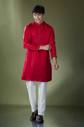 Cherry red mirror embroidered kurta set