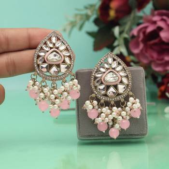 Pink color meena work kundan earrings 1