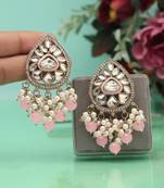 Pink color meena work kundan earrings
