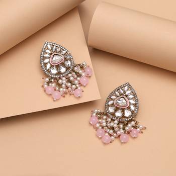 Pink color meena work kundan earrings 2