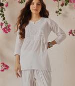 Hand embroidered white cotton lucknowi chikankari short kurti