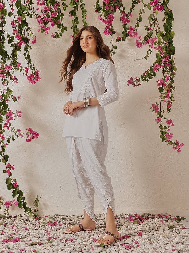 Hand embroidered white cotton lucknowi chikankari short kurti