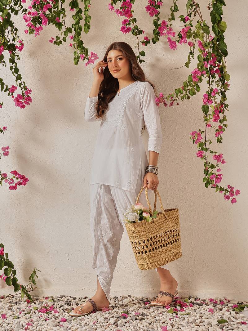Hand embroidered white cotton lucknowi chikankari short kurti