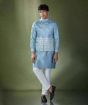 Blue embroidered kurta-jacket set 1