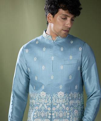 Blue embroidered kurta-jacket set 2