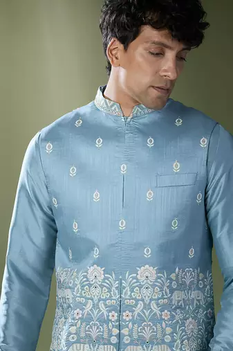 Blue embroidered kurta-jacket set