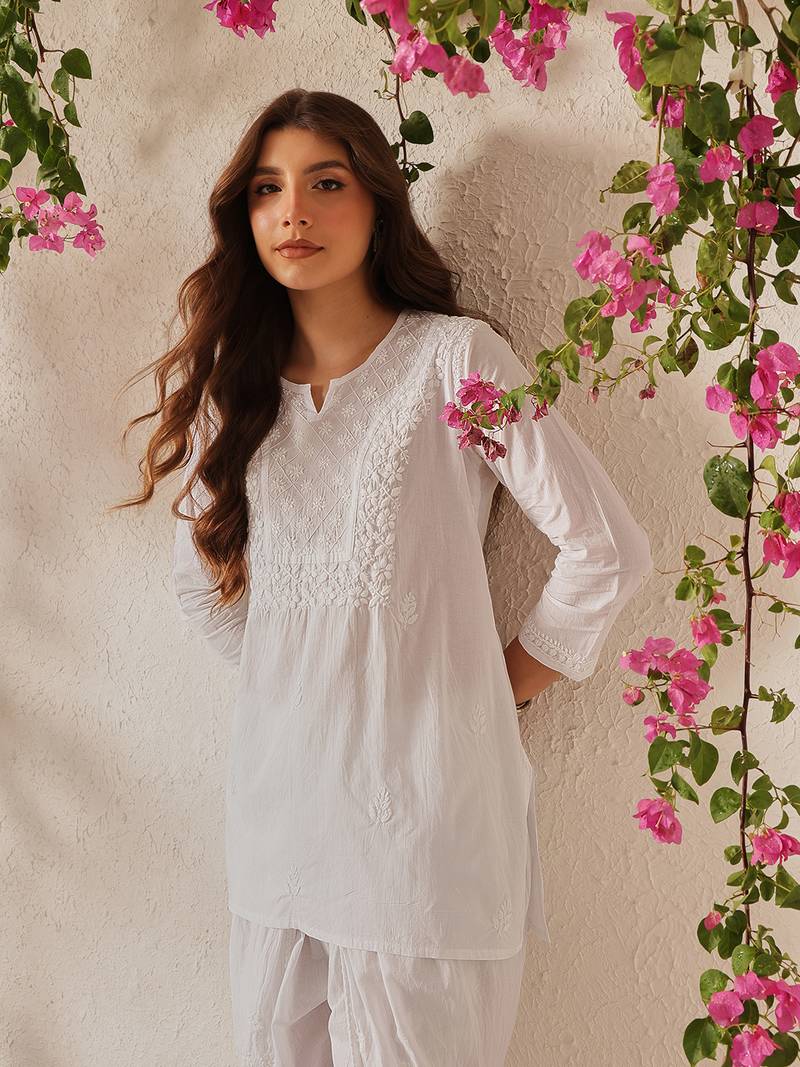 Hand embroidered white cotton lucknowi chikankari short kurti