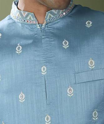 Blue embroidered kurta-jacket set 3