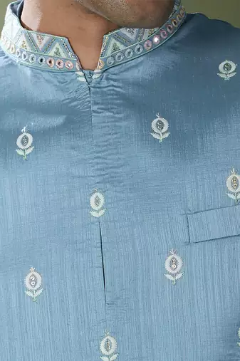 Blue embroidered kurta-jacket set